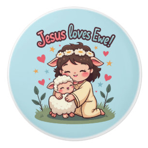 Bouton De Porte En Céramique Kawaii Christian "Jesus aime Ewe" Pastel Design
