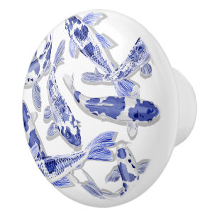 Bouton De Porte En Céramique Koi bleu et blanc