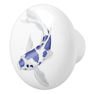 Bouton De Porte En Céramique Koi bleu et blanc