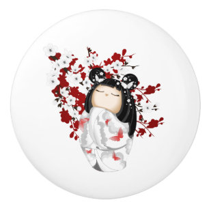 Bouton De Porte En Céramique Kokeshi Poupée Rouge Noir Blanc Cerisier Fleurs Ce