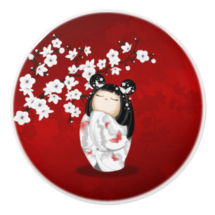 Bouton De Porte En Céramique Kokeshi Poupée Rouge Noir Blanc Cerisier Fleurs Ce