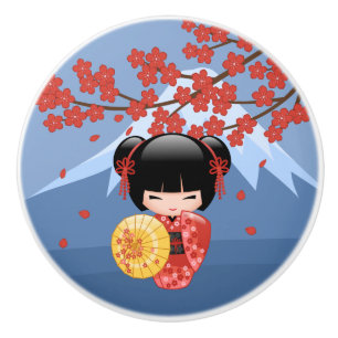 Bouton De Porte En Céramique La poupée rouge Sakura Kokeshi - Cute Geisha Girl