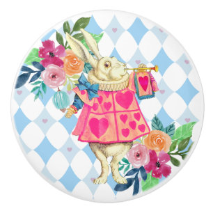 Bouton De Porte En Céramique Lapin blanc sur Blue Diamonds Ceramic Knob