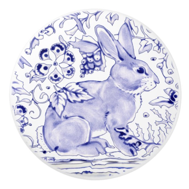 Bouton De Porte En Céramique Lapin Bleu Lapin Floral Delft Dedham Ceramic Pull (Devant)