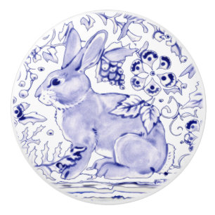 Bouton De Porte En Céramique Lapin Bleu Lapin Floral Delft Dedham Ceramic Pull
