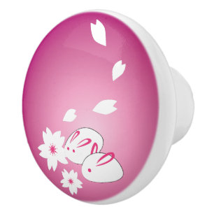 Bouton De Porte En Céramique Lapins japonais de neige et Sakura Ceramic Knob