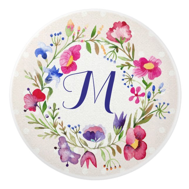 Bouton De Porte En Céramique L'aquarelle mignonne fleurit le monogramme fin (Devant)