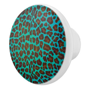 Bouton De Porte En Céramique Léopard Brown et Turquoise