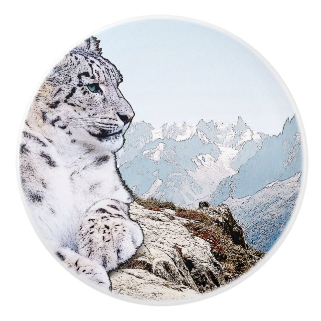 Bouton De Porte En Céramique Léopard des neiges (Devant)