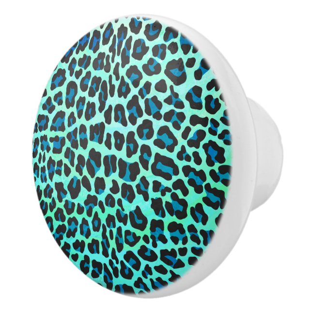Bouton De Porte En Céramique Léopard noir et Turquoise (Droite)