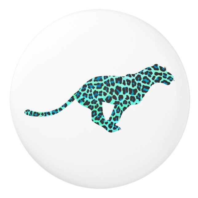 Bouton De Porte En Céramique Léopard noir et Turquoise (Devant)