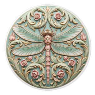 Bouton De Porte En Céramique Libellule Fleurs Roses Roses Vintage Victorien