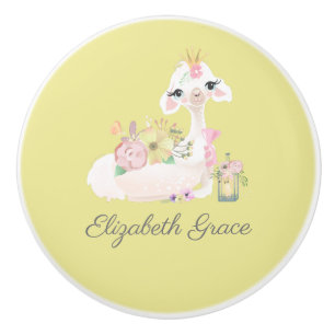 Bouton De Porte En Céramique Llama Jaune et Blanc avec Fleurs Baby