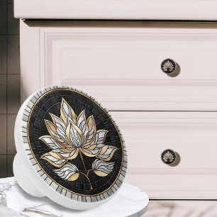 Bouton De Porte En Céramique Lotus Flower - Noir, Perle et Or