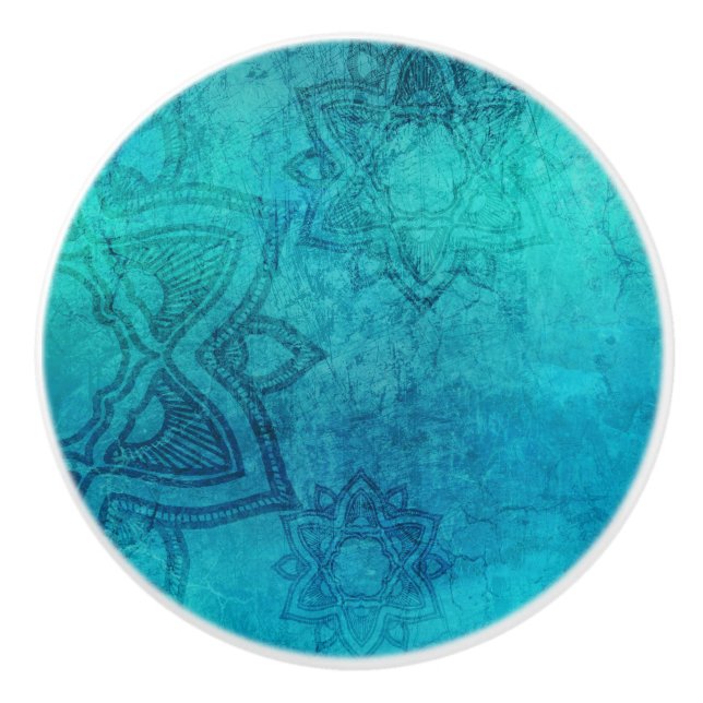 Bouton De Porte En Céramique Lotus texturé bleu (Devant)