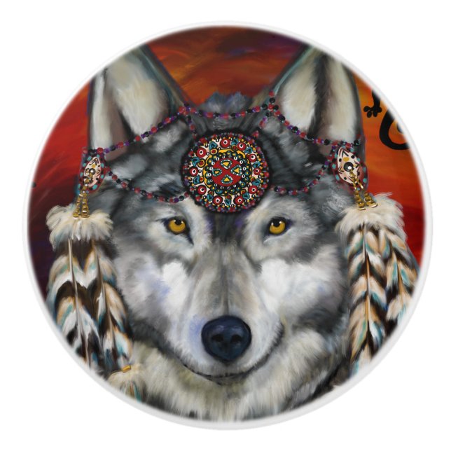 Bouton De Porte En Céramique Loup gris (Devant)