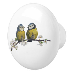 Bouton De Porte En Céramique Lovebirds assis sur une branche de fleurs de ceris