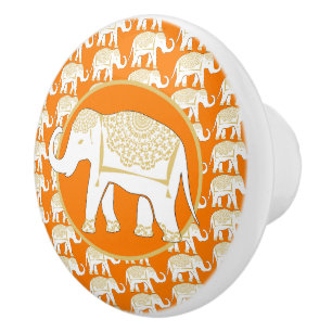 Bouton De Porte En Céramique Lucky Thai White Elephant Orange