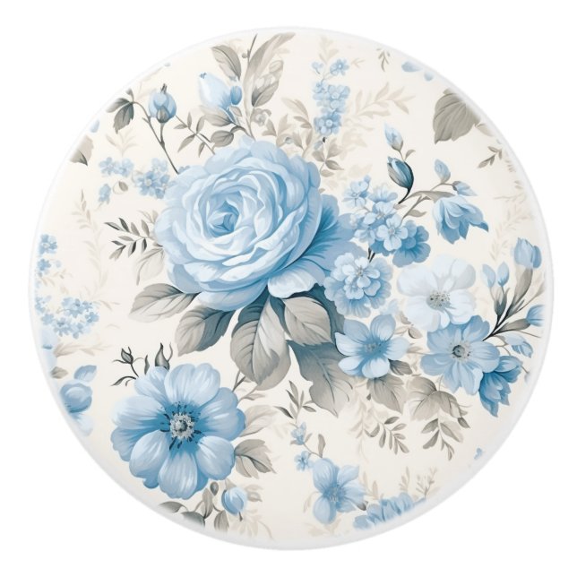 Bouton De Porte En Céramique Lumière Artistique Pastel Roses Bleus (Devant)