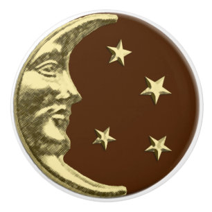 Bouton De Porte En Céramique Lune et étoiles - brun chocolat et or d'art déco