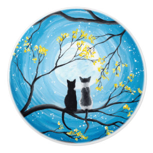 Bouton De Porte En Céramique Lune lunaire avec chats
