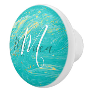 Bouton De Porte En Céramique Luxe élégant Marble or bleu moderne monogramme