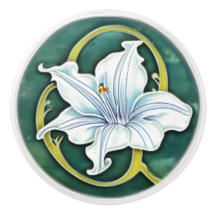 Bouton De Porte En Céramique Lys blancs Art nouveau