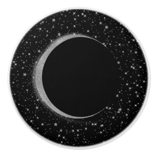Bouton De Porte En Céramique Magie Lunaire Céleste Noir & Argent Étoiles