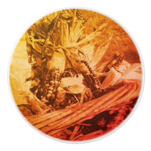 Bouton De Porte En Céramique Maïs Indien En Panier En Osier À Sepia Vintage