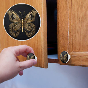 Bouton De Porte En Céramique Majestic Gold Butterfly on Black