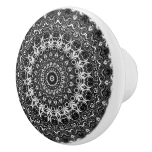 Bouton De Porte En Céramique Mandala Black and White Wild Medallion Design