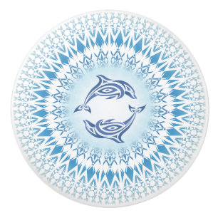 Bouton De Porte En Céramique Mandala dauphins bleu blanc nautique