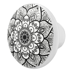 Bouton De Porte En Céramique Mandala Floral Noir