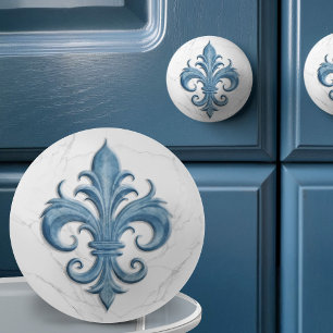 Bouton De Porte En Céramique Marbre blanc et bleu Fleur-De-Lis