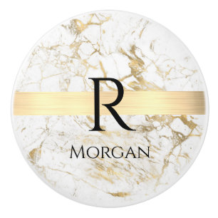 Bouton De Porte En Céramique Marbre blanc/or, Barre d'or, Noir Nom et Monogramm