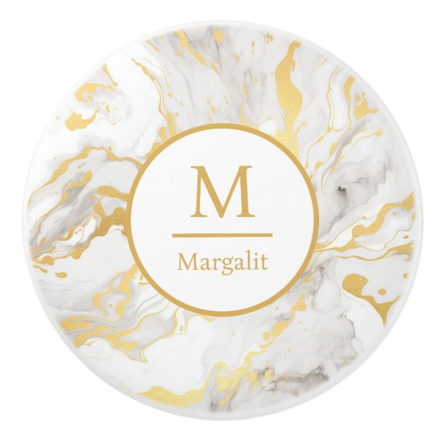 Bouton De Porte En Céramique Marbre faux blanc et or Monogramme  (Devant)