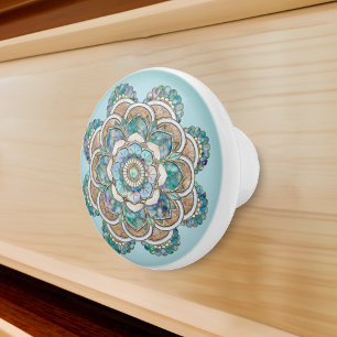 Bouton De Porte En Céramique Marbre Vert De Mer Et Mandala De Cuivre