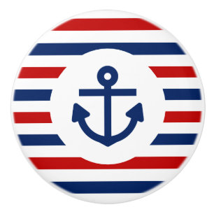 Bouton De Porte En Céramique Marine marine marine Bleu Rouge Blanc rayures Ancr