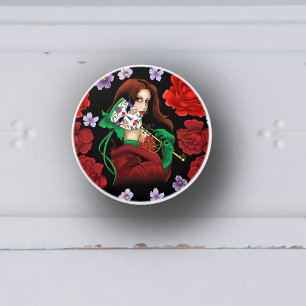 Bouton De Porte En Céramique Masque Vénitien Femme Élégante Rouge Vert