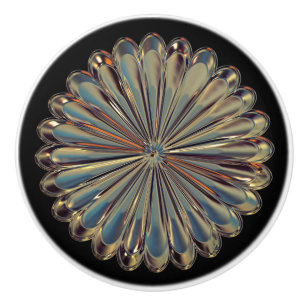 Bouton De Porte En Céramique Médaillon métallique Art déco or et fleur noire