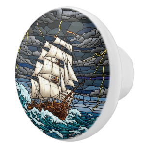 Bouton De Porte En Céramique Mer orageuse, Navire, Dramatique, Nautique Vintage