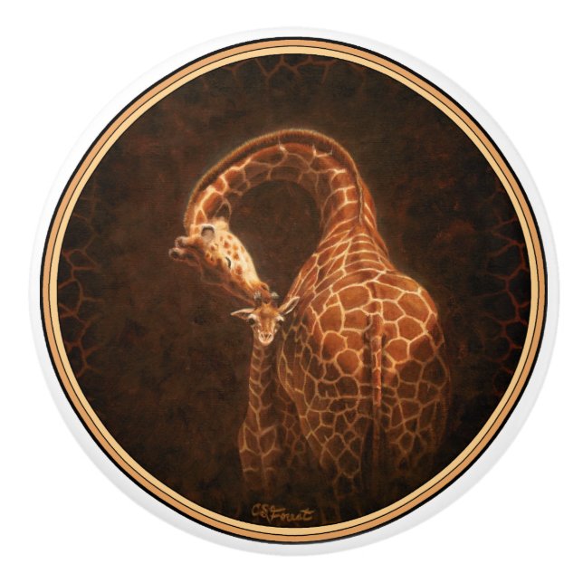 Bouton De Porte En Céramique Mère Giraffe et bébé (Devant)