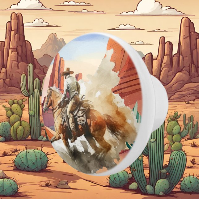 Bouton De Porte En Céramique mignon désert cactus cheval équitation cowboy (Créateur téléchargé)
