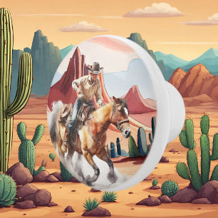 Bouton De Porte En Céramique mignon désert cactus cheval équitation cowboy