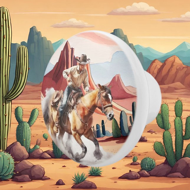 Bouton De Porte En Céramique mignon désert cactus cheval équitation cowboy (Créateur téléchargé)