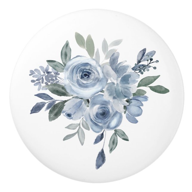 Bouton De Porte En Céramique Mobilier bleu et vert Fleurs (Devant)