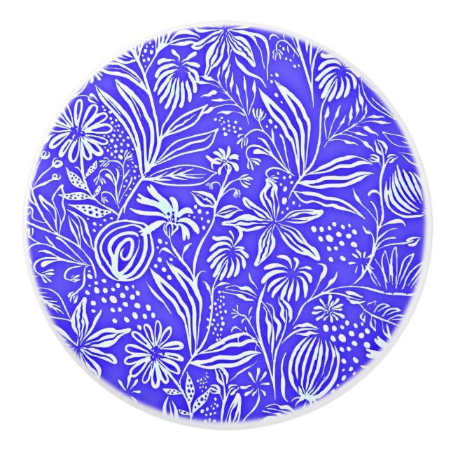 Bouton De Porte En Céramique Modèle Floral Préféré, Bleu Périvent, (Devant)