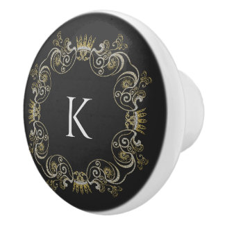 Bouton De Porte En Céramique Monogramme blanc et Vintage or