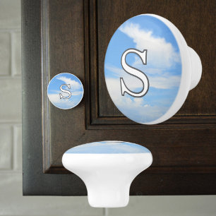 Bouton De Porte En Céramique Monogramme Ciel Bleu et Nuage Blanc