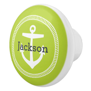 Bouton De Porte En Céramique Monogramme d'Ancre marine verte